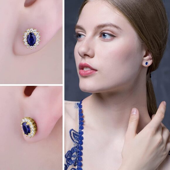 👑 Princess Diana 1.2ct Blue Sapphire Earrings - 14k Gold Plated - Picture 3 of 5